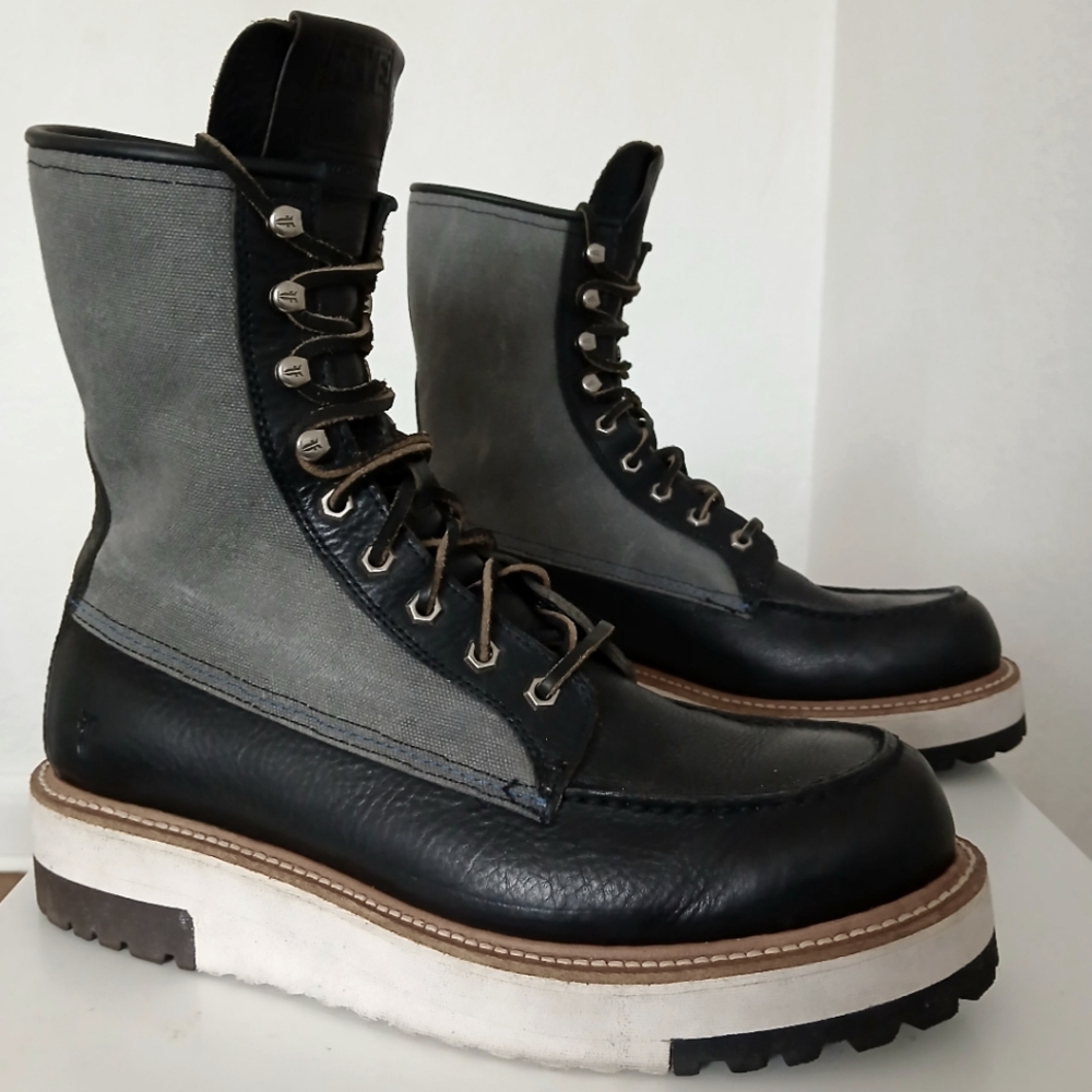 Frye Lace Up Wedge Boots, Black & Gray, Size 10.5